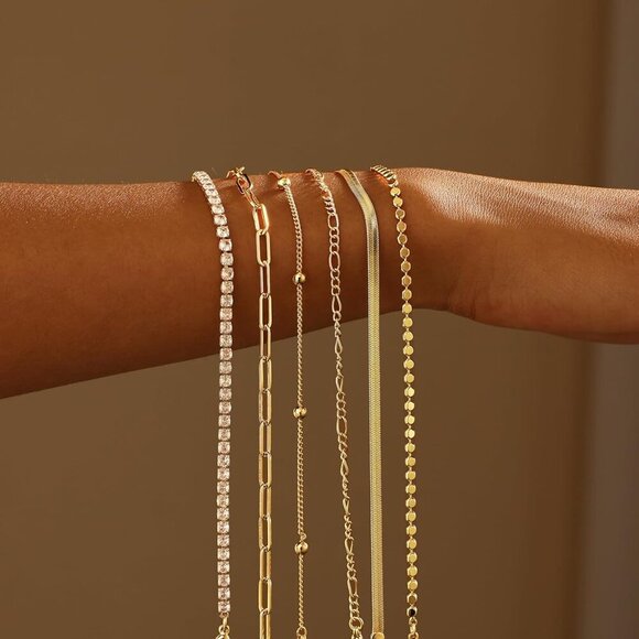 Waterproof Gold Bracelets Set 14K Plated Dainty Stackable Jewelry for Women - Picture 6 of 9